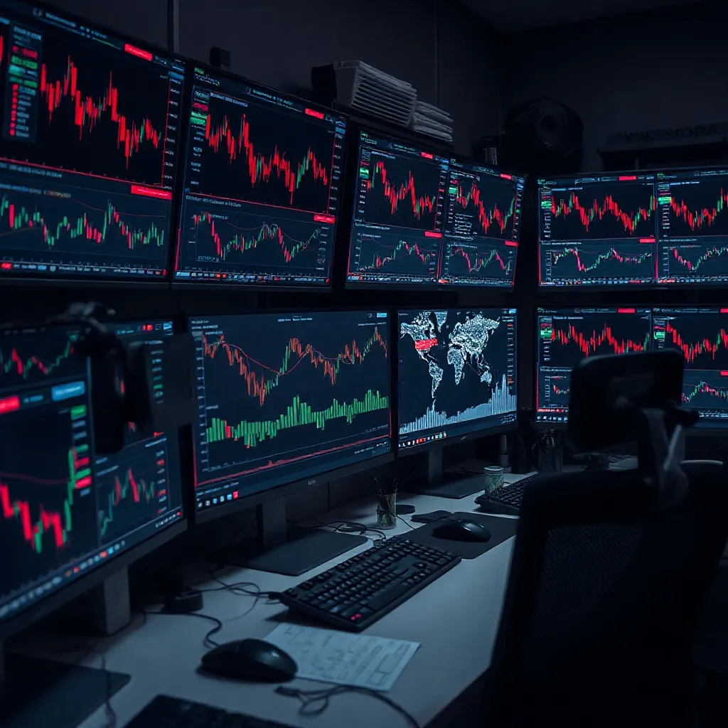 Professional workspace with multiple monitors showing comple