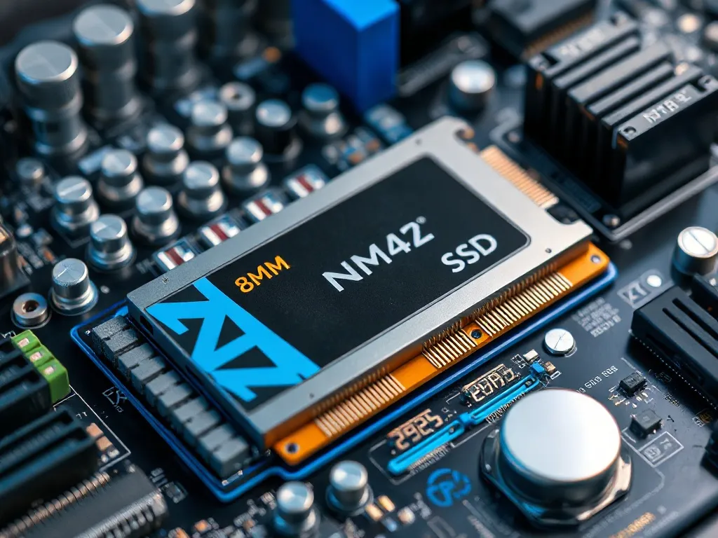 High-tech NVMe SSD drive installed on a motherboard, macro p